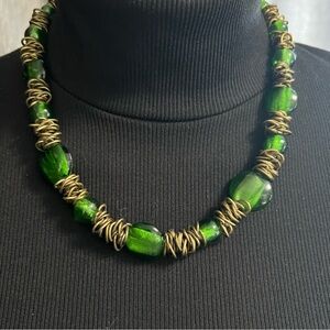 VTG Handcrafted Statement Necklace Made with Green Glass Beads Coiled Metal Wire